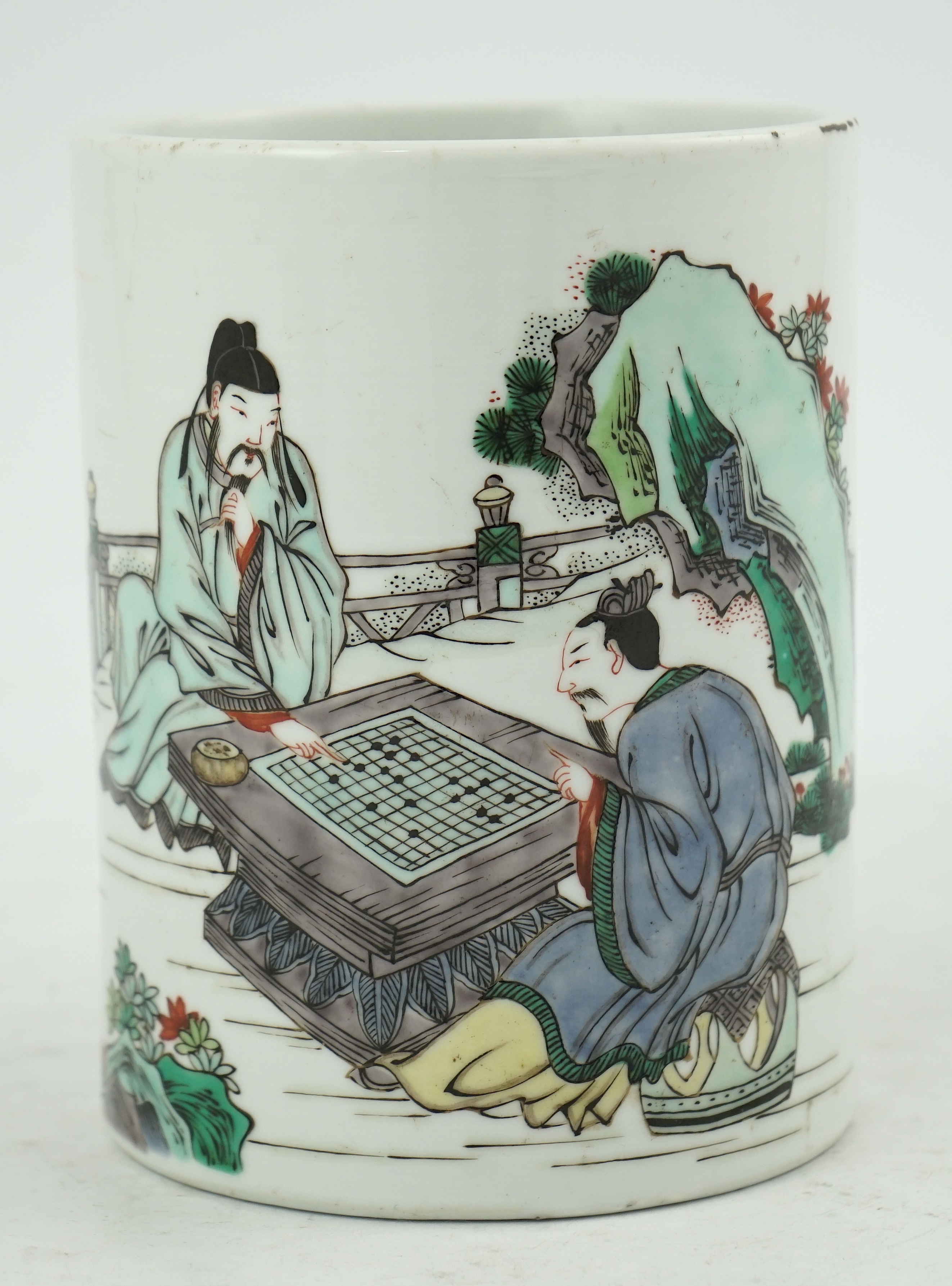 A Chinese famille verte ‘scholars’ brush pot, 15.3cm high